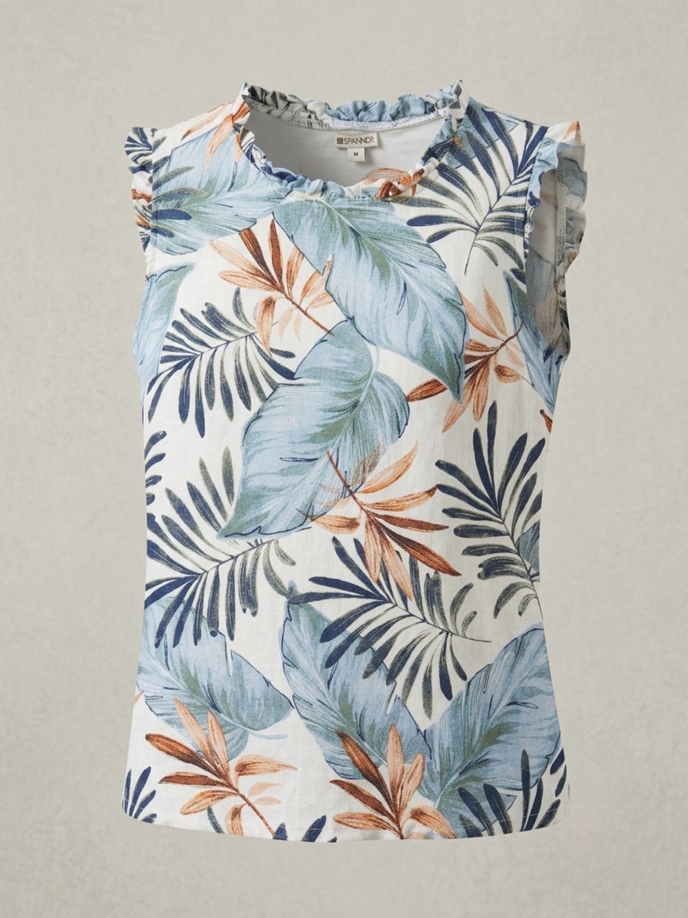 Spanner 100% Linen Front Tropical Floral Ruffle Sleeveless Top Size Medium